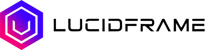 High-tech logo of LucidFrame Tech Solutions with vibrant purple and pink colors.